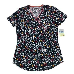Code Happy Hearts Inspire Hope Love Mock Wrap Scrub Top Black Multi Small NWT